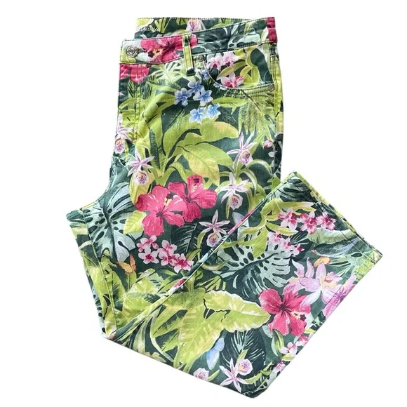 Tommy Bahama Ella Twill Pink Green Tropical High Rise Crop Pants Sz 12 - Picture 4 of 15